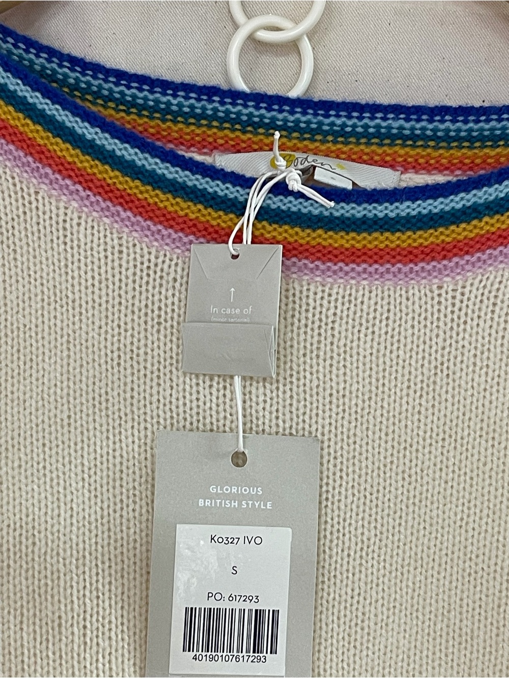 Boden Women’s 100% Cashmere Ivory Rainbow Trim Sweater Size S NWT - Picture 8 of 10